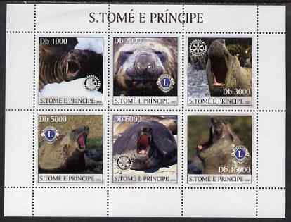 St Thomas & Prince Islands 2003 Seals (with Rotary & Lions International symbols) perf sheetlet containing 6 values unmounted mint Mi 2142-47, stamps on animals, stamps on marine life, stamps on seals, stamps on lions international, stamps on rotary