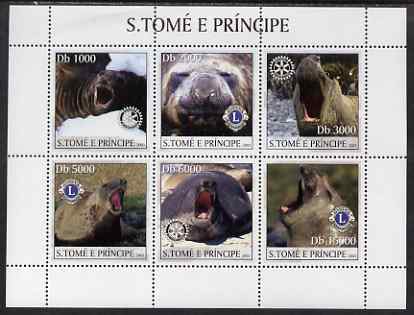 St Thomas & Prince Islands 2003 Seals (with Rotary & Lions International symbols) perf sheetlet containing 6 values unmounted mint Mi 2142-47, stamps on , stamps on  stamps on animals, stamps on  stamps on marine life, stamps on  stamps on seals, stamps on  stamps on lions international, stamps on  stamps on rotary