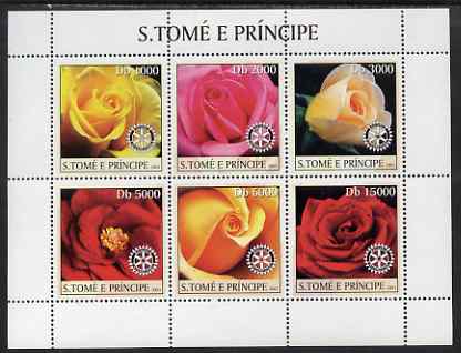 St Thomas & Prince Islands 2003 Roses (with Rotary symbol) perf sheetlet containing 6 values unmounted mint Mi 2031-36, stamps on , stamps on  stamps on flowers, stamps on  stamps on roses, stamps on  stamps on rotary