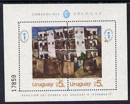 Uruguay 1977 'Espamer 77' Stamp Exhibition m/sheet (painting by Barradas) SG MS 1669, stamps on arts    building        stamp exhibitions