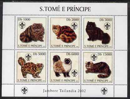 St Thomas & Prince Islands 2003 Cats (with Scouts emblem) perf sheetlet containing 6 values unmounted mint Mi 2106-11, stamps on animals, stamps on cats, stamps on scouts