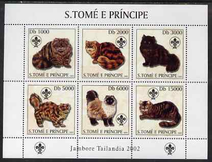 St Thomas & Prince Islands 2003 Cats (with Scouts emblem) perf sheetlet containing 6 values unmounted mint Mi 2106-11, stamps on , stamps on  stamps on animals, stamps on  stamps on cats, stamps on  stamps on scouts