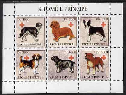 St Thomas & Prince Islands 2003 Dogs (with Red Cross symbol) perf sheetlet containing 6 values unmounted mint Mi 2130-35, stamps on , stamps on  stamps on animals, stamps on  stamps on dogs, stamps on  stamps on red cross, stamps on  stamps on dachshund, stamps on  stamps on boston terrier, stamps on  stamps on spaniel, stamps on  stamps on bernese, stamps on  stamps on beagle