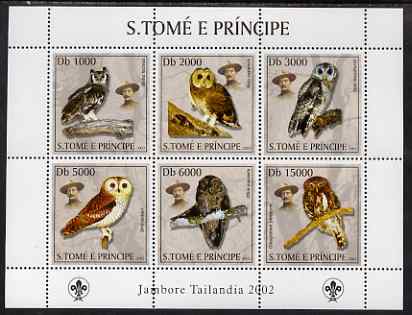 St Thomas & Prince Islands 2003 Owls (with Lord Baden Powell) perf sheetlet containing 6 values unmounted mint Mi 2019-24, stamps on scouts, stamps on birds of prey, stamps on birds, stamps on owls, stamps on baden-powell