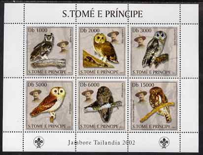 St Thomas & Prince Islands 2003 Owls (with Lord Baden Powell) perf sheetlet containing 6 values unmounted mint Mi 2019-24, stamps on , stamps on  stamps on scouts, stamps on  stamps on birds of prey, stamps on  stamps on birds, stamps on  stamps on owls, stamps on  stamps on baden-powell