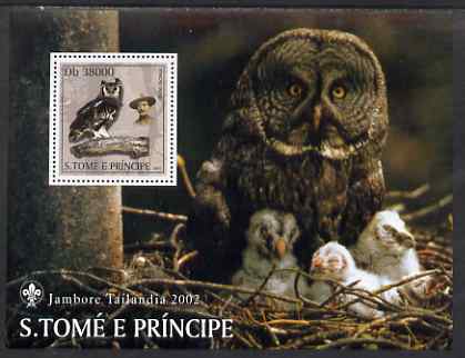 St Thomas & Prince Islands 2003 Owls (with Lord Baden-Powell) perf souvenir sheet unmounted mint Mi Bl 1430, stamps on , stamps on  stamps on scouts, stamps on  stamps on birds, stamps on  stamps on birds of prey, stamps on  stamps on owls, stamps on  stamps on baden-powell