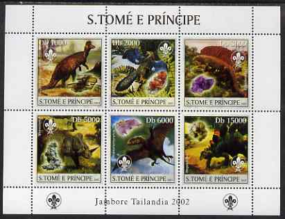 St Thomas & Prince Islands 2003 Dinosaurs (with Scout emblem) perf sheetlet containing 6 values unmounted mint Mi 1974-79, stamps on , stamps on  stamps on dinosaurs, stamps on  stamps on minerals, stamps on  stamps on scouts