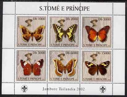 St Thomas & Prince Islands 2003 Butterflies (with Lord Baden-Powell) perf sheetlet containing 6 values unmounted mint Mi 2013-18, stamps on , stamps on  stamps on butterflies, stamps on  stamps on scouts