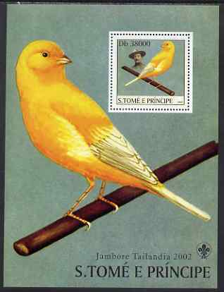 St Thomas & Prince Islands 2003 Canaries (with Lord Baden-Powell) perf souvenir sheet unmounted mint Mi Bl 1431, stamps on , stamps on  stamps on birds, stamps on  stamps on canaries, stamps on  stamps on scouts