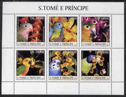 St Thomas & Prince Islands 2003 Parrots & Orchids perf sheetlet containing 6 values unmounted mint Mi 2085-90, stamps on , stamps on  stamps on birds, stamps on  stamps on parrots, stamps on  stamps on orchids