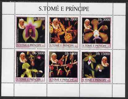 St Thomas & Prince Islands 2003 Orchids (with Pope Jean-Paul II) perf sheetlet containing 6 values unmounted mint Mi 2037-42, stamps on , stamps on  stamps on orchids, stamps on  stamps on pope, stamps on  stamps on religion