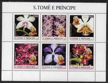 St Thomas & Prince Islands 2003 Orchids (with Marilyn Monroe) perf sheetlet containing 6 values unmounted mint Mi 2043-48, stamps on , stamps on  stamps on orchids, stamps on  stamps on personalities, stamps on  stamps on films, stamps on  stamps on marilyn, stamps on  stamps on marilyn monroe