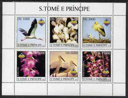St Thomas & Prince Islands 2003 Storks & Orchids perf sheetlet containing 6 values unmounted mint Mi 2049-54, stamps on , stamps on  stamps on birds, stamps on  stamps on storks, stamps on  stamps on orchids
