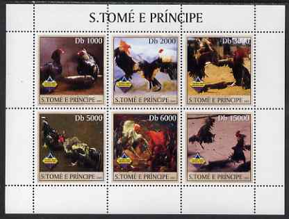 St Thomas & Prince Islands 2003 Fighting Cocks perf sheetlet containing 6 values unmounted mint Mi 2079-84, stamps on birds, stamps on chickens