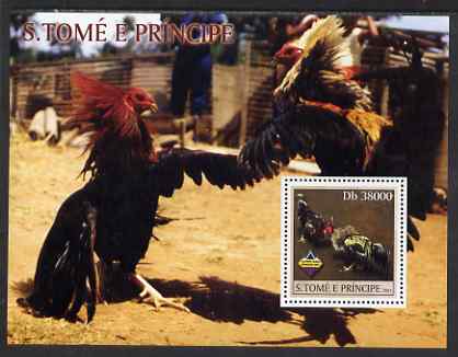 St Thomas & Prince Islands 2003 Fighting Cocks perf souvenir sheet unmounted mint Mi Bl 1439, stamps on birds, stamps on chickens