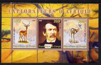 Congo 2008 Explorers of Africa #1 - David Livingstone perf sheetlet containing 3 values unmounted mint, stamps on , stamps on  stamps on personalities, stamps on  stamps on explorers, stamps on  stamps on animals, stamps on  stamps on antelope, stamps on  stamps on scots, stamps on  stamps on scotland