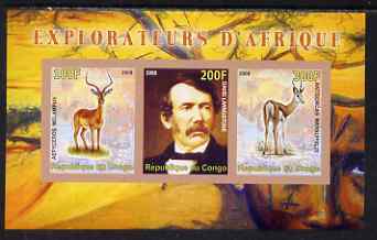 Congo 2008 Explorers of Africa #1 - David Livingstone imperf sheetlet containing 3 values unmounted mint, stamps on , stamps on  stamps on personalities, stamps on  stamps on explorers, stamps on  stamps on animals, stamps on  stamps on antelope, stamps on  stamps on scots, stamps on  stamps on scotland