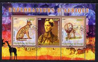 Congo 2008 Explorers of Africa #3 - Mary Henrietta KIngsley perf sheetlet containing 3 values cto used, stamps on , stamps on  stamps on personalities, stamps on  stamps on explorers, stamps on  stamps on animals, stamps on  stamps on cats, stamps on  stamps on lions