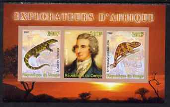 Congo 2008 Explorers of Africa #4 - Mungo Park imperf sheetlet containing 3 values unmounted mint, stamps on personalities, stamps on explorers, stamps on animals, stamps on lizards, stamps on chameleons, stamps on scots, stamps on scotland