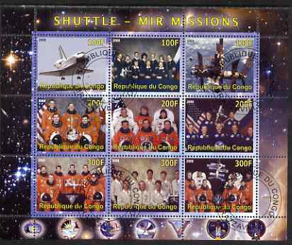 Congo 2008 Shuttle & Mir Space Station perf sheetlet containing 9 values cto used, stamps on personalities, stamps on space, stamps on aviation, stamps on shuttle, stamps on 