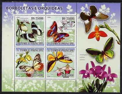 St Thomas & Prince Islands 2008 Orchids & Butterflies perf sheetlet containing 4 values unmounted mint. Note this item is privately produced and is offered purely on its ..., stamps on flowers, stamps on orchids, stamps on butterflies