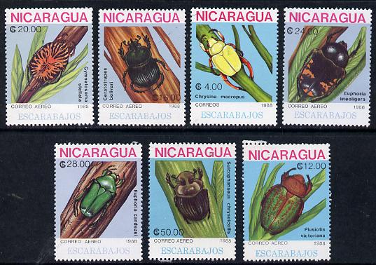 Nicaragua 1988 Beetles set of 7 unmounted mint, SG 3011-17, Scott #1726-32, stamps on insects
