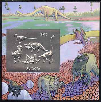 Guyana 1994 Prehistoric Animals #2 - $600 m/sheet with design embossed in silver foil on thin card unmounted mint, stamps on dinosaurs