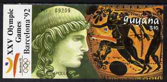 Guyana 1989 Barcelona Olympic Games $10 m/sheet (Running - detail of Black-figure Greek Pot & Statue Head) unmounted mint, stamps on olympics, stamps on running, stamps on pottery, stamps on statue, stamps on ancient greece