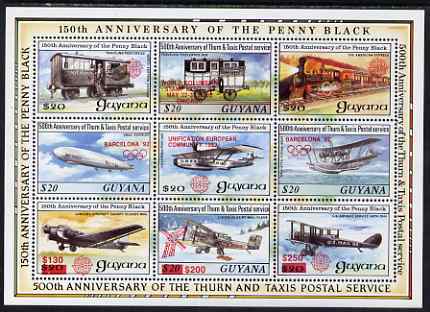 Guyana 1992 Anniversaries scarce opt in red (CEPT, Columbian Stamp Expo etc) on sheetlet of 9 (150th Anniversary of Penny Black and Thurn & Taxis Postal Anniversary - Air..., stamps on olympics, stamps on postal, stamps on transport, stamps on europa, stamps on railways, stamps on aviation, stamps on airships, stamps on zeppelins, stamps on flying boats, stamps on stamp exhibitions