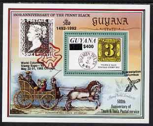 Guyana 1992 Anniversaries (Columbian Stamp Expo & Spacestation Columbus) opt & surch in black $400 on $150 (150th Anniversary of Penny Black and Thurn & Taxis Postal Anni..., stamps on postal, stamps on transport, stamps on stamp exhibitions, stamps on mail coaches, stamps on horses, stamps on stamp on stamp, stamps on stamponstamp, stamps on space