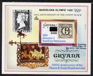 Guyana 1992 Anniversaries (Columbian Stamp Expo & Olympics) opt & surch in black $500 on $150 (150th Anniversary of Penny Black and Thurn & Taxis Postal Anniversary - Thurn & Taxis 6k stamp) unmounted mint, stamps on , stamps on  stamps on postal, stamps on  stamps on transport, stamps on  stamps on stamp exhibitions, stamps on  stamps on mail coaches, stamps on  stamps on horses, stamps on  stamps on stamp on stamp, stamps on  stamps on stamponstamp, stamps on  stamps on olympics