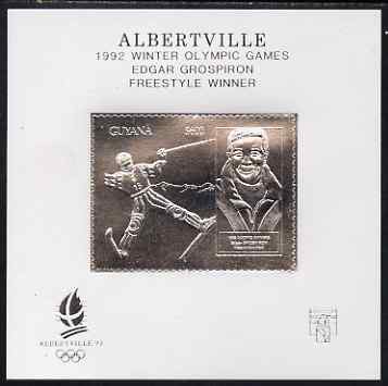 Guyana 1992 Albertville Olympic Games $600 imperf souvenir sheet (Edgar Grospiron) embossed in silver on thin card (simulated perfs), stamps on olympics, stamps on skiing