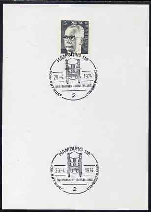 Postmark - West Germany 1974 postcard bearing 5pfg stamp with special cancellation for Philatelic Exhibition showing proofing press, stamps on stamp exhibitions, stamps on printing