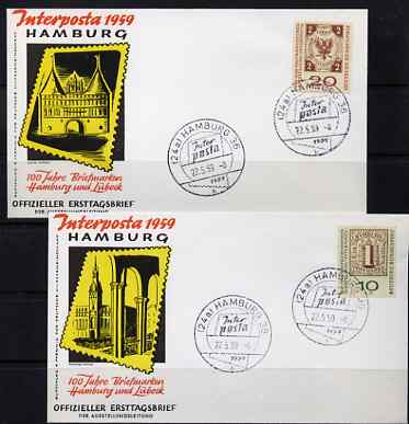 Postmark - West Germany 1959 illustrated set of 2 covers for Hamburg Interposta Centenary Stamp Exhibition each with special cancellation , stamps on stamp exhibitions, stamps on 