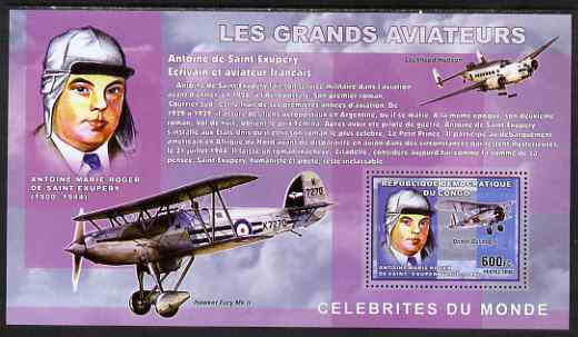 Congo 2006 Great Aviators perf s/sheet containing 1 value (Antoine de Saint-Exupery & Bristol Bulldog II) unmounted mint, stamps on , stamps on  stamps on aviation, stamps on  stamps on hawker fury, stamps on  stamps on lockheed hudson, stamps on  stamps on bristol bullkdog ii, stamps on  stamps on 