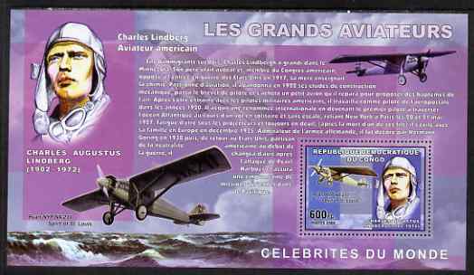 Congo 2006 Great Aviators perf s/sheet containing 1 value (Charles Lindberg & Spirit of St Louis) unmounted mint, stamps on , stamps on  stamps on aviation, stamps on  stamps on lindberg, stamps on  stamps on spirit of st louise