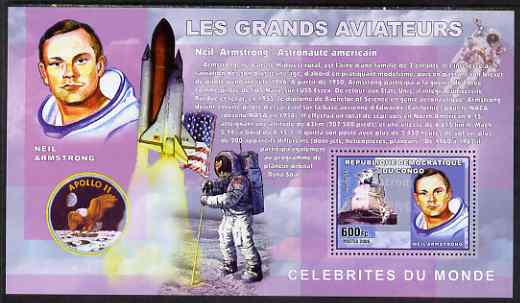 Congo 2006 Great Aviators perf s/sheet containing 1 value (Neil Armstrong & apollo 11) unmounted mint, stamps on , stamps on  stamps on space, stamps on  stamps on armstrong, stamps on  stamps on apollo, stamps on  stamps on flags, stamps on  stamps on birds of prey, stamps on  stamps on eagle, stamps on  stamps on shuttle