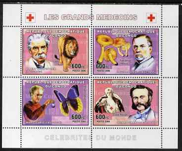 Congo 2006 Medical Celebrities perf sheetlet containing 4 values (A Schweitzer & Lion, Louis Pasteur & Fungi, Marie Curie & Butterfly, Henri Dunant & Nurse) unmounted mint, stamps on medical, stamps on personalities, stamps on schweitzer, stamps on pasteur, stamps on marie curie, stamps on dunant, stamps on red cross, stamps on animals, stamps on lions, stamps on muchroom, stamps on fungi, stamps on butterflies, stamps on insects, stamps on nurses