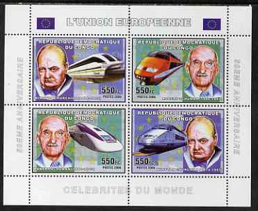 Congo 2006 50th Anniversary of European Union perf sheetlet containing 4 values (2 x Churchill, 2 x R Schuman) unmounted mint, stamps on , stamps on  stamps on personalities, stamps on  stamps on churchill, stamps on  stamps on transport, stamps on  stamps on railways, stamps on  stamps on schuman, stamps on  stamps on europa