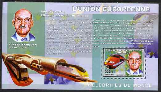 Congo 2006 50th Anniversary of European Union perf s/sheet containing 1 values (Robert Schuman & High Speed Train) unmounted mint, stamps on , stamps on  stamps on personalities, stamps on  stamps on schuman, stamps on  stamps on transport, stamps on  stamps on railways, stamps on  stamps on europas