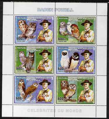 Congo 2006 Lord Baden Powell with Owls perf sheetlet containing 6 values unmounted mint, stamps on , stamps on  stamps on personalities, stamps on  stamps on scouts, stamps on  stamps on baden powell, stamps on  stamps on birds of prey, stamps on  stamps on owls, stamps on  stamps on birds