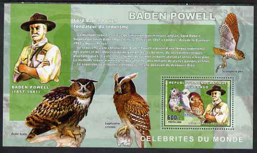 Congo 2006 Lord Baden Powell with Owls perf s/sheet  unmounted mint, stamps on personalities, stamps on scouts, stamps on baden powell, stamps on birds of prey, stamps on owls