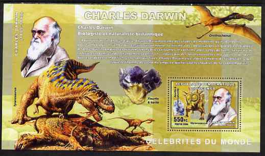 Congo 2006 Charles Darwin perf s/sheet, unmounted mint, stamps on personalities, stamps on darwin, stamps on dinosaurs, stamps on minerals