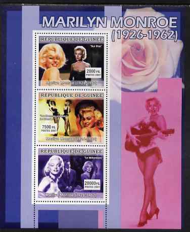 Guinea - Conakry 2007 Marilyn Monroe perf sheetlet containing 3 values, unmounted mint Yv 3038-40, stamps on personalities, stamps on cinema, stamps on marilyn monroe, stamps on marilyn, stamps on 