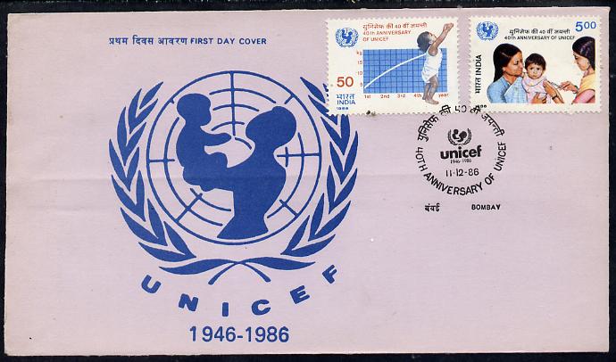 India 1986 UNICEF set of 2 on unaddressed FDC, SG 1221-22, stamps on children     unicef    united-nations