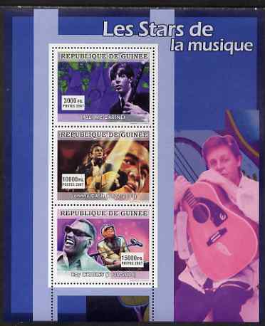 Guinea - Conakry 2007 Male Music Stars perf sheetlet containing 3 values Paul McCartney, Johnny Cash, Ray Charles) unmounted mint, stamps on personalities, stamps on music, stamps on beatles