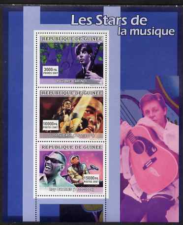 Guinea - Conakry 2007 Male Music Stars perf sheetlet containing 3 values Paul McCartney, Johnny Cash, Ray Charles) unmounted mint, stamps on , stamps on  stamps on personalities, stamps on  stamps on music, stamps on  stamps on beatles