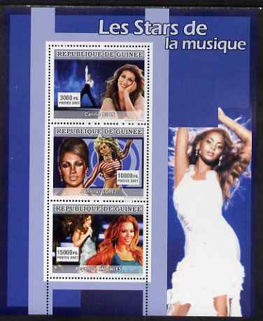 Guinea - Conakry 2007 Female Music Stars perf sheetlet containing 3 values (Celine Dion, Jennifer Lopez, Beyonce Knowles) unmounted mint, stamps on , stamps on  stamps on personalities, stamps on  stamps on music