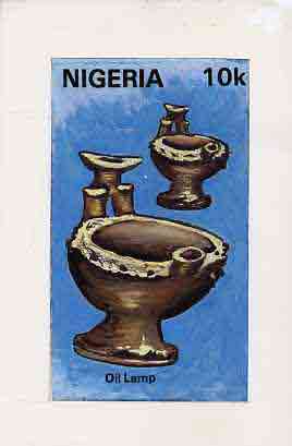 Nigeria 1990 Pottery - original hand-painted artwork for 10k value (Oil Lamp) by unknown artist on card 5 x 9 endorsed A4 on back, stamps on , stamps on  stamps on crafts    pottery