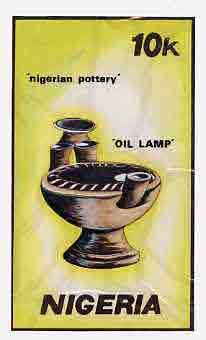 Nigeria 1990 Pottery - original hand-painted artwork for 10k value (Oil Lamp) by NSP&MCo Staff Artist Clement O Ogbebor on card 5 x 8.5 endorsed A3 on back, stamps on crafts    pottery